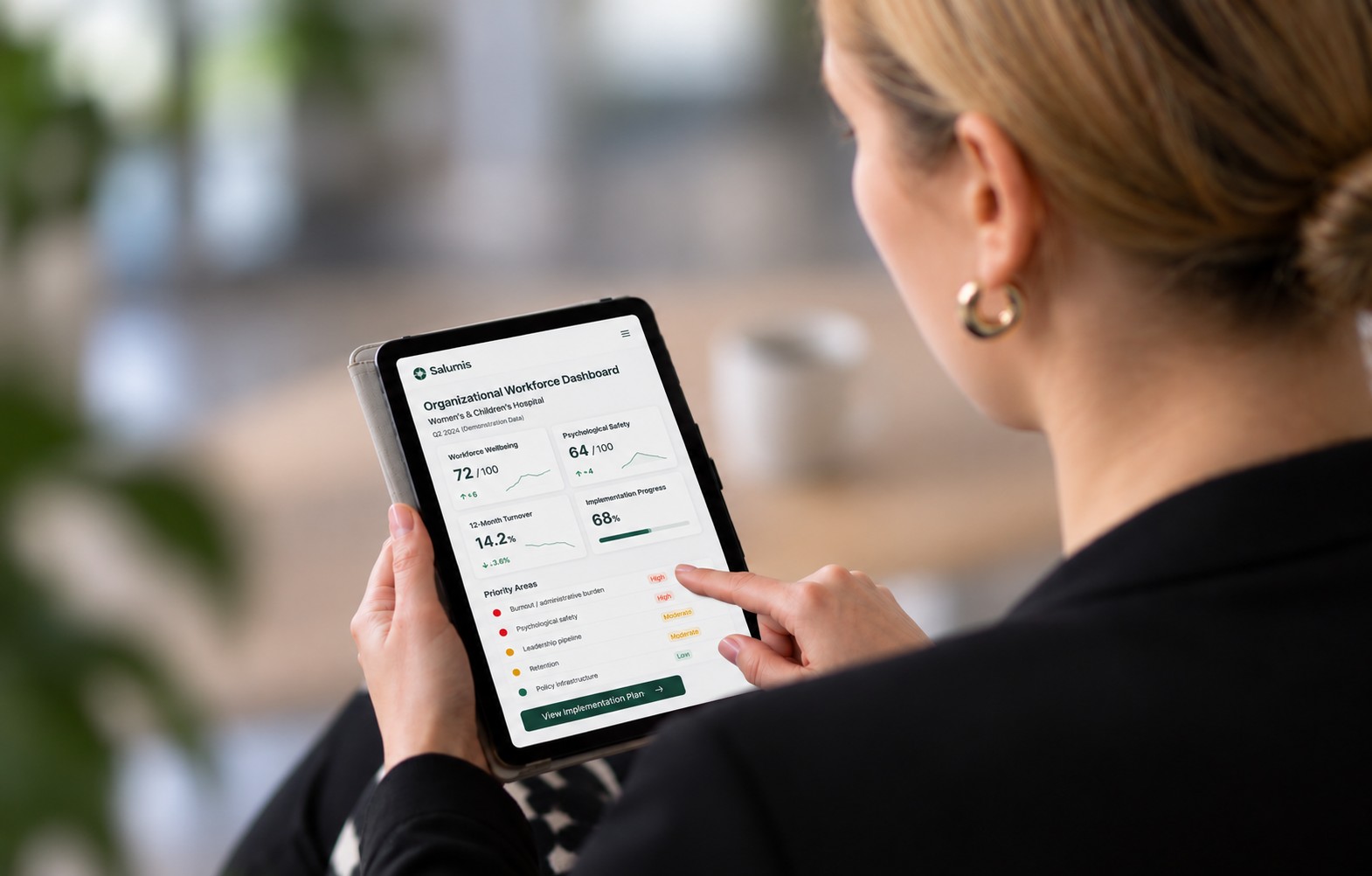 A healthcare leader reviewing the Salumis Organizational Workforce Dashboard on a tablet